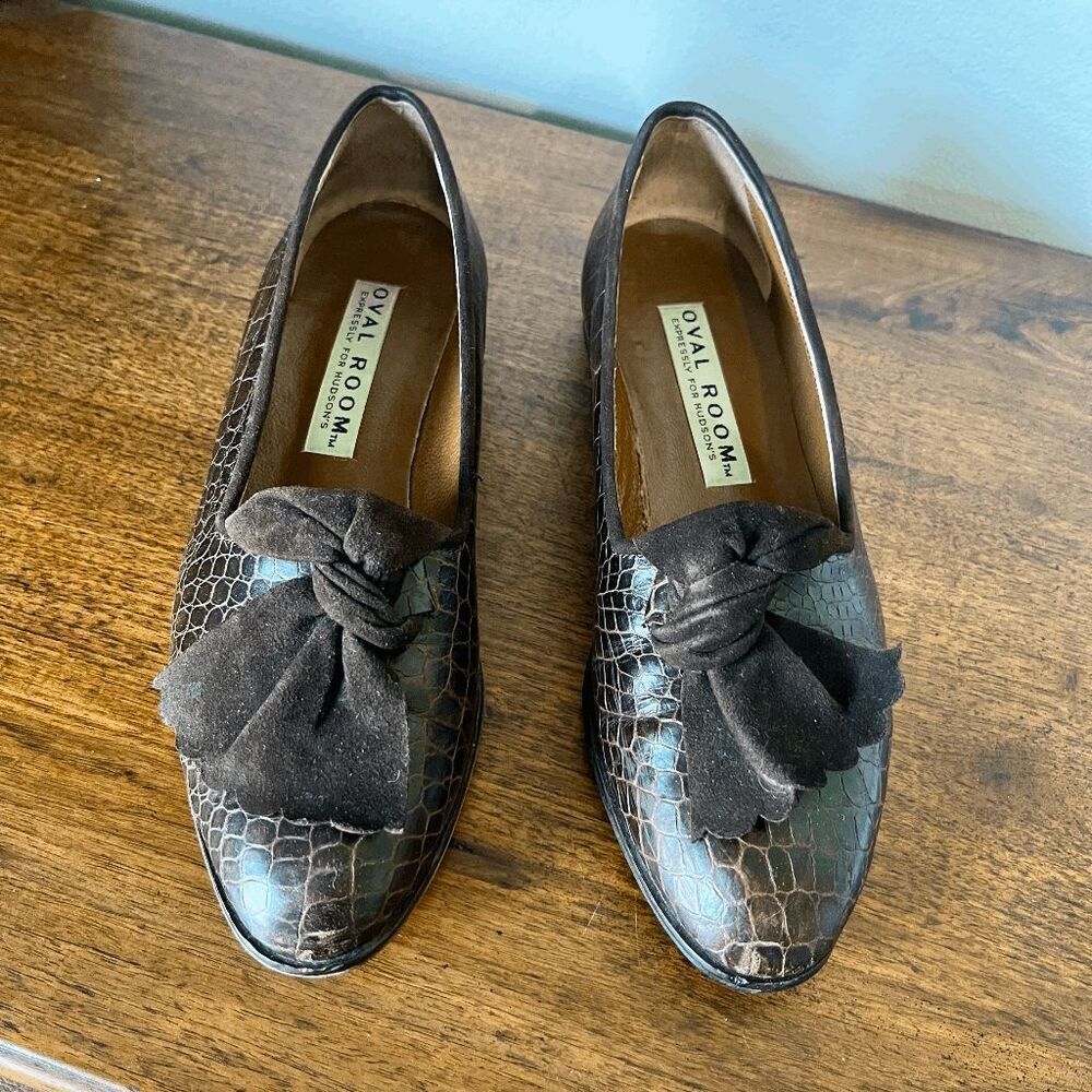 VTG Italy Leather Loafers Croc Embossed Suede Bow Trim Flats 8 EUC